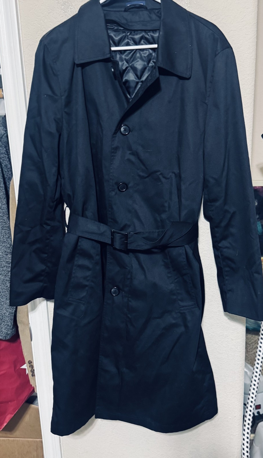 Black Stafford Trench Coat zip out quilted lining belted mens 38R classic