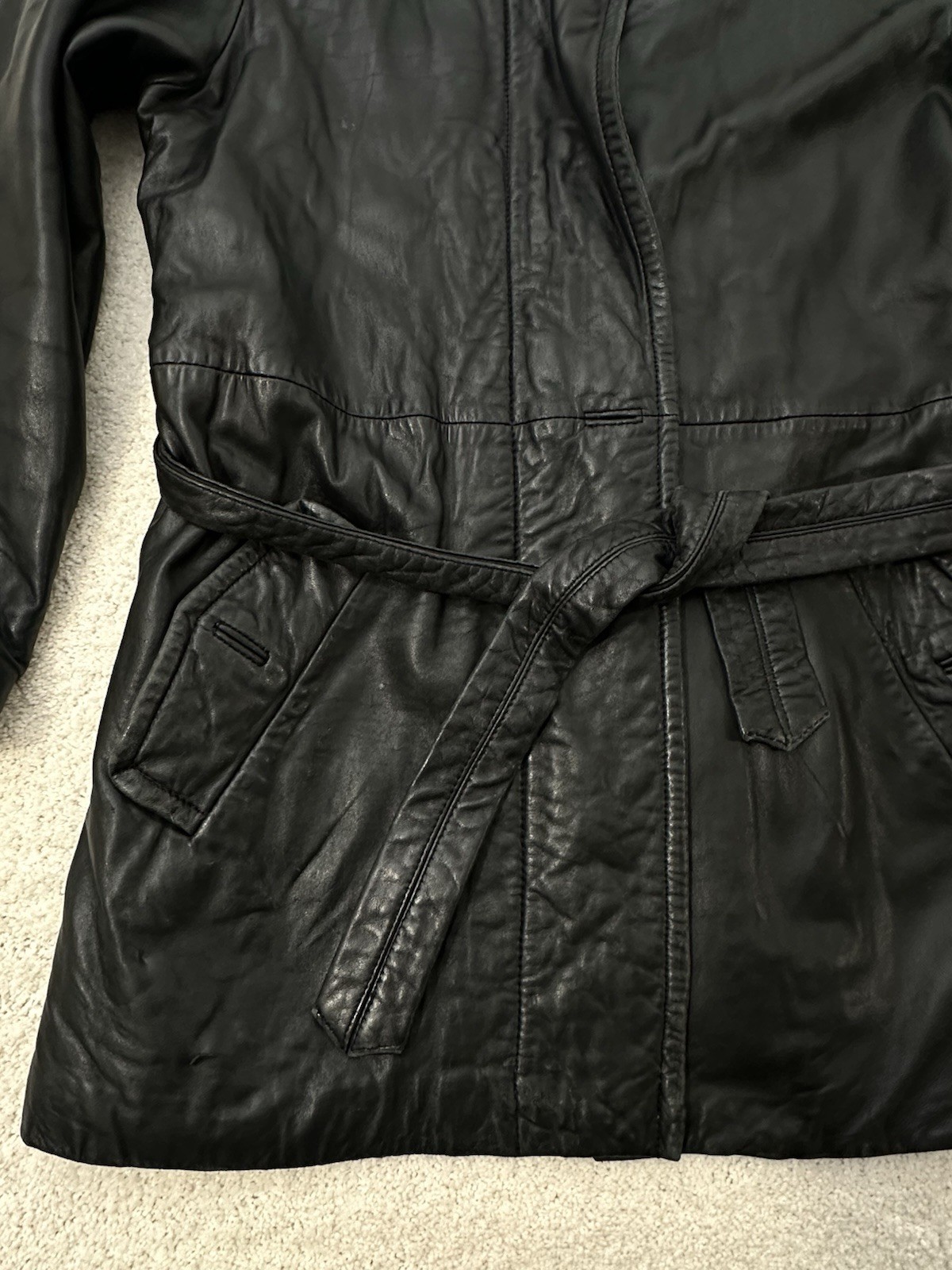 Vtg Express Leather Trench Coat Jacket M Black Belted Genuine Leather Thinsulate