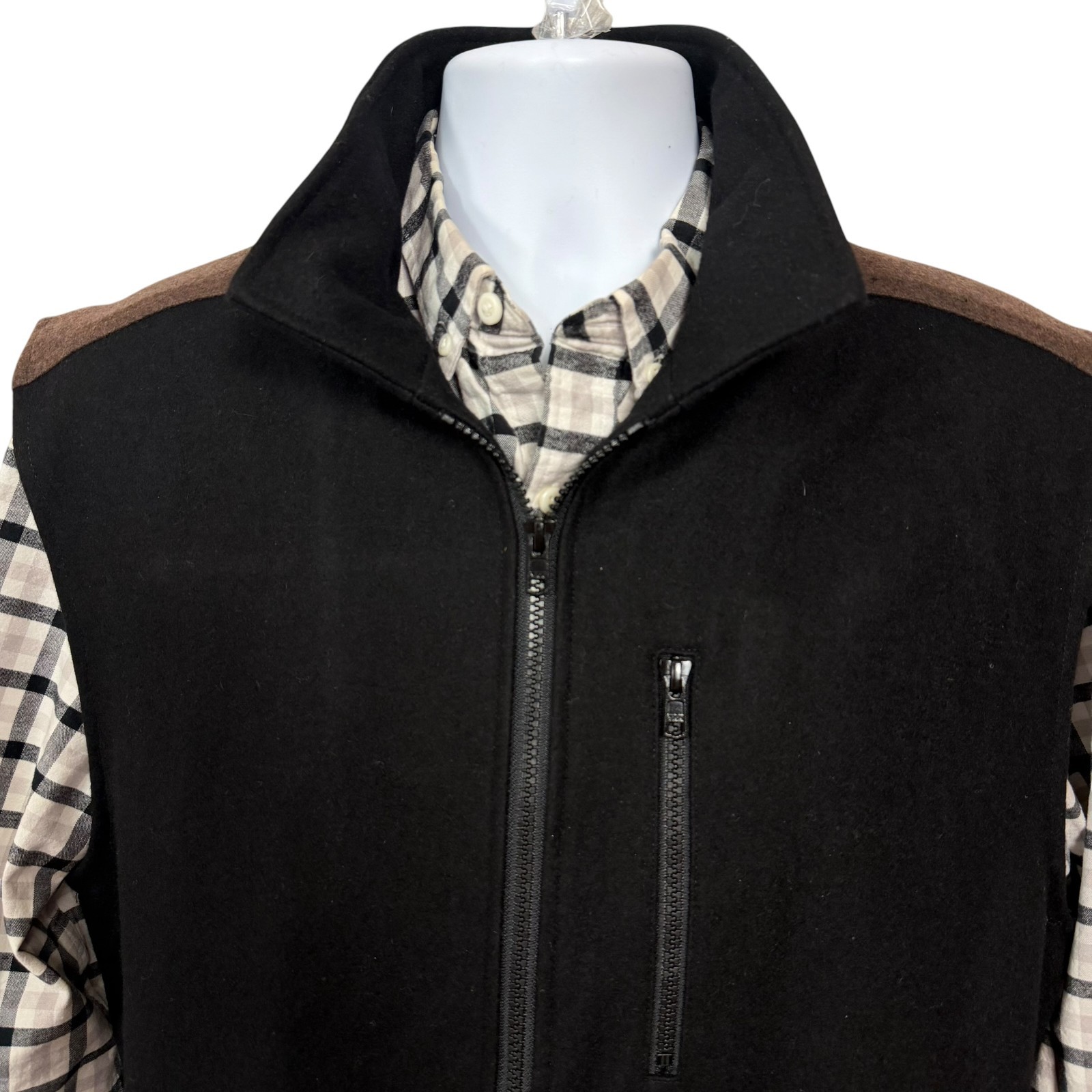 Men’s Wool Blend Zip Up Vest Medium Black Brown Casual Layering Vest