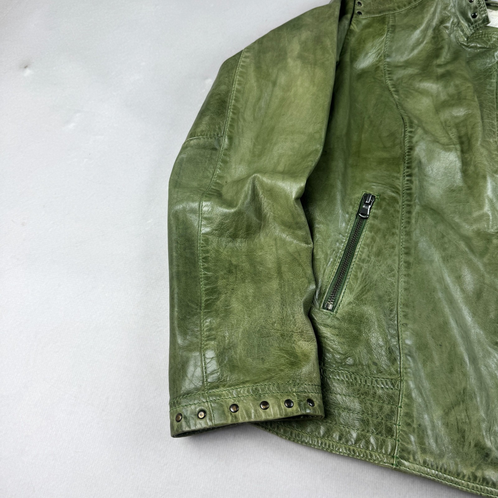 Mens Vintage Green Genuine Leather Moto Jacket Studded Collar Biker Y2K Grunge