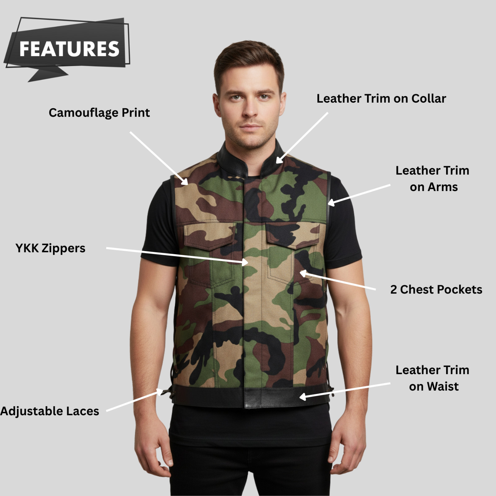 Military Print Camouflage Camo Cut Off Leather Lace Motorcycle Vest Waistcoat
