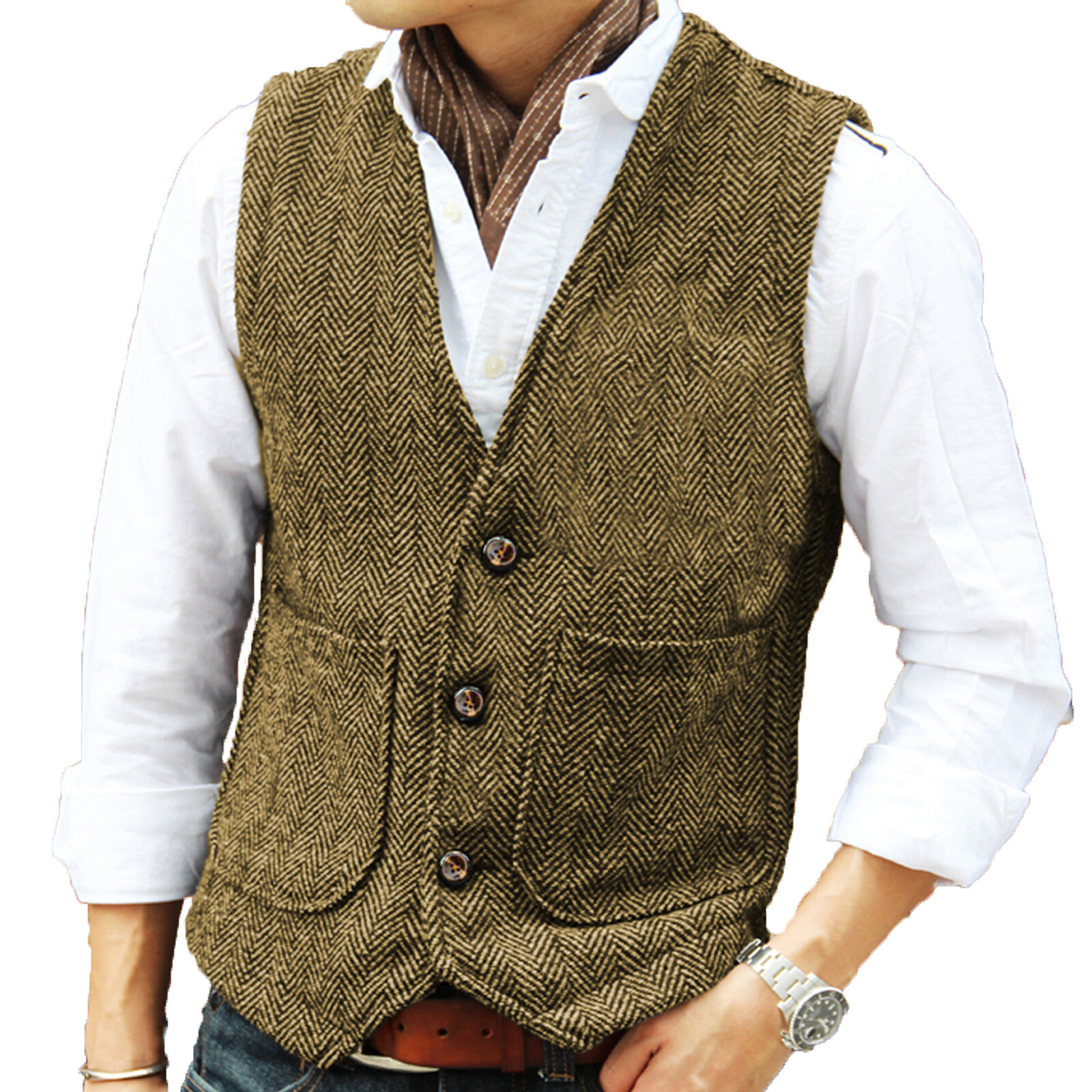 Hunting Classic Men Vintage Tweed Vest Herringbone Waistcoats Wedding Retro Wool