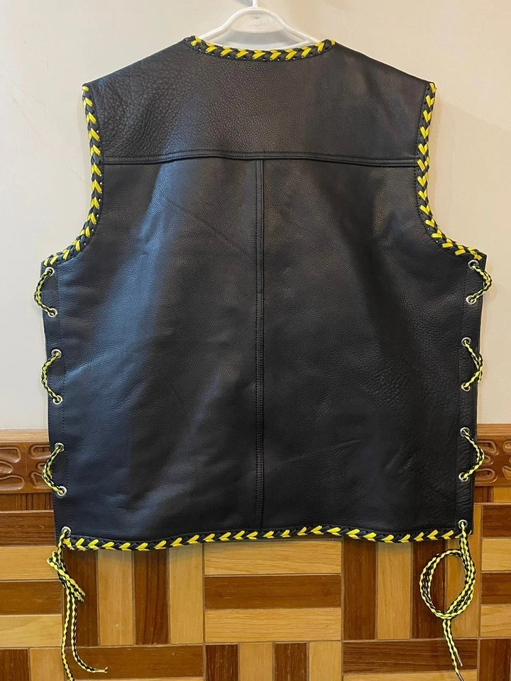 Men’s Black Genuine Leather Western Vest Buckle Front Side Lace Biker Cowboy