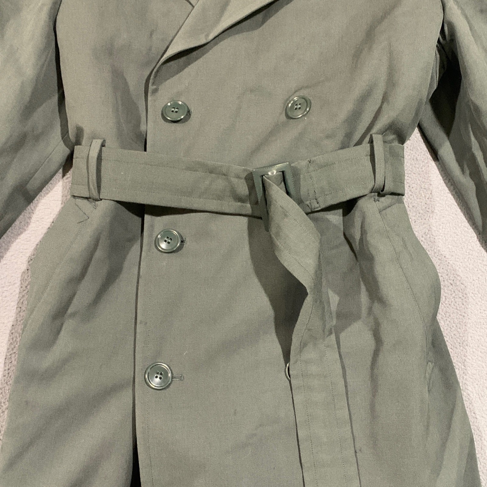 Military Surplus Trench Coat Men 38R Olive Green Wool Liner Belted Vintage