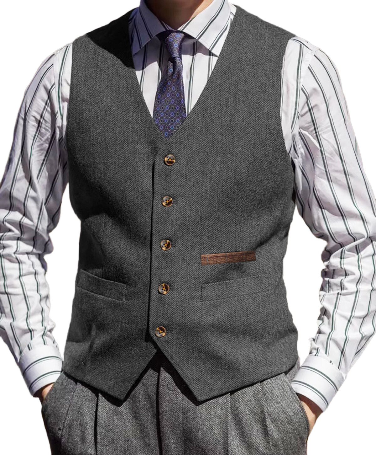 Tweed Vest Mens V-Neck Grooms Waistcoat Wool Waistcoat Herringbone Vintage Retro