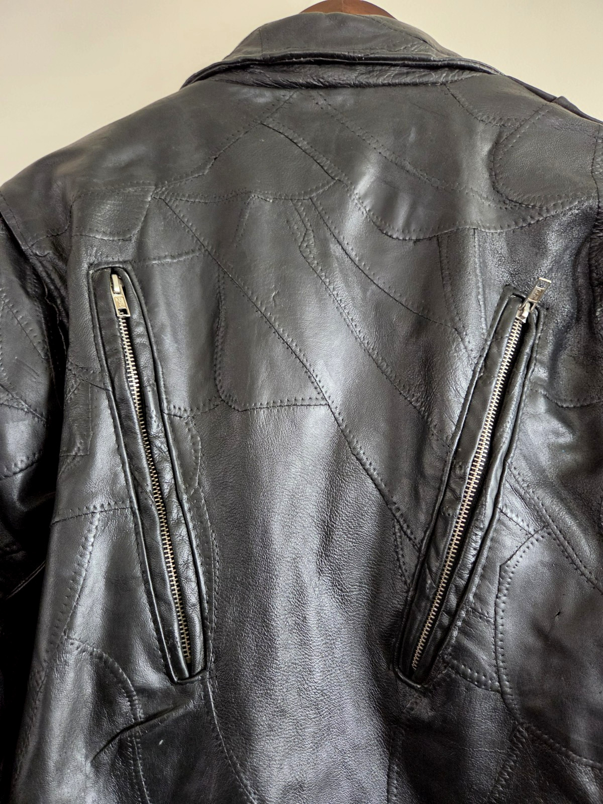 Vtg Diamond Plate D-Pocket Buffalo Leather Motorcycle Jacket Black Biker Moto