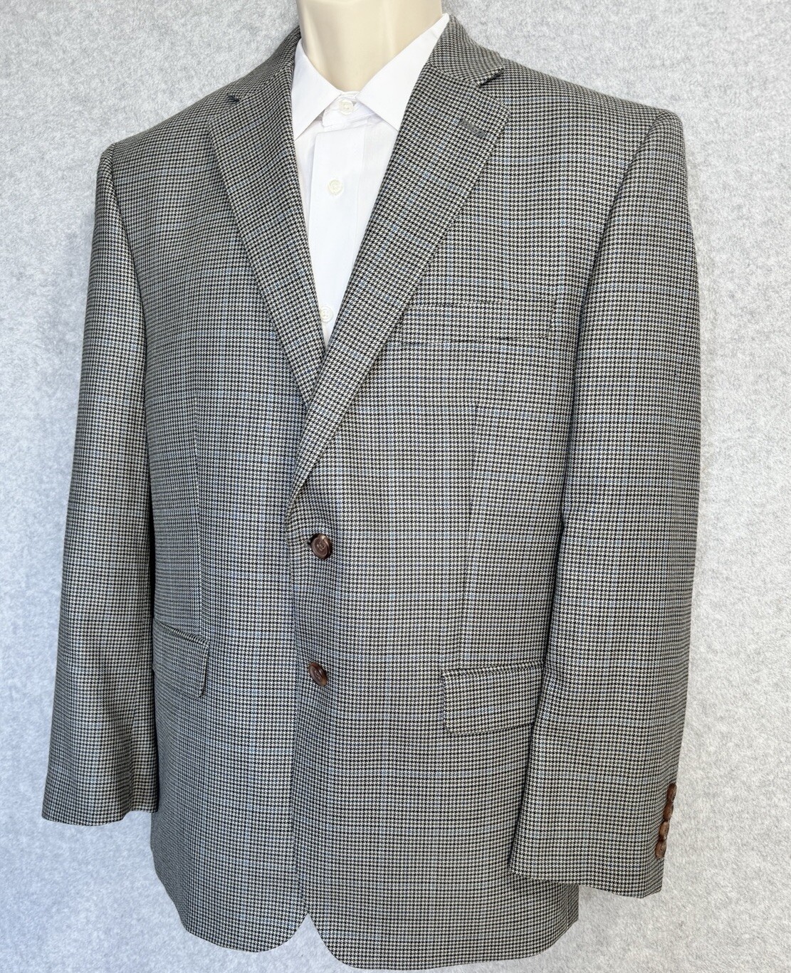 Ralph Lauren Wool Blazer 44R Houndstooth Gray Blue Tweed 2-Button Sport Coat