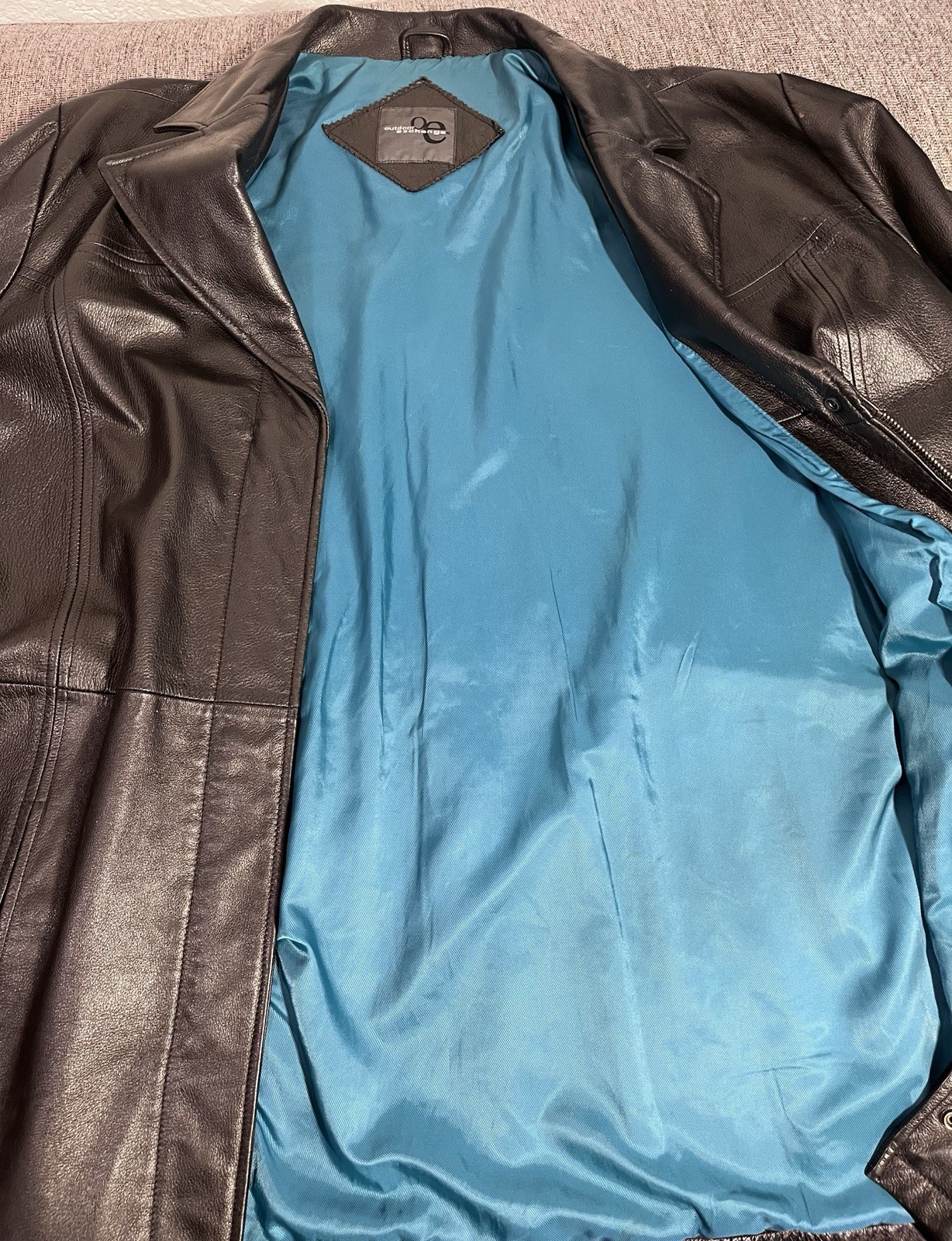 Outdoor Exchange Leather Belted Overcoat Black/Blue Lined Pockets 2XL