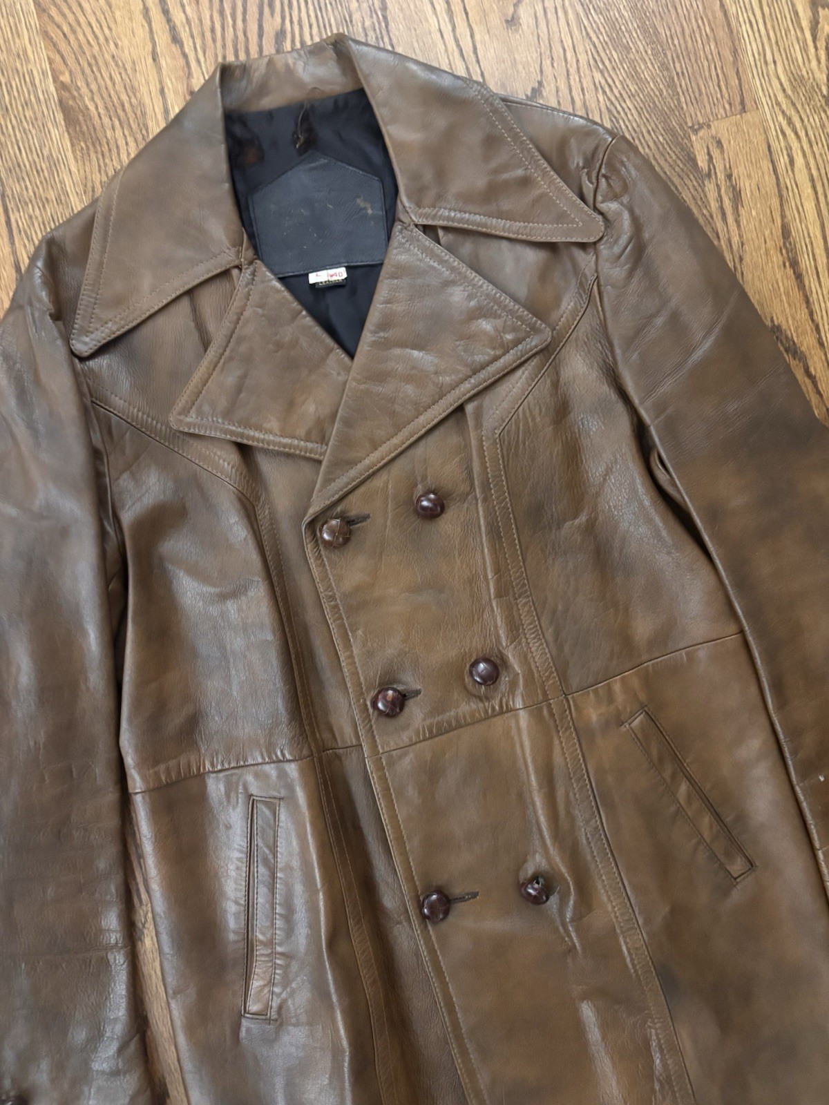 Vintage 1970’s Men’s Genuine Leather Double Breasted Leather Pea Car Coat 40