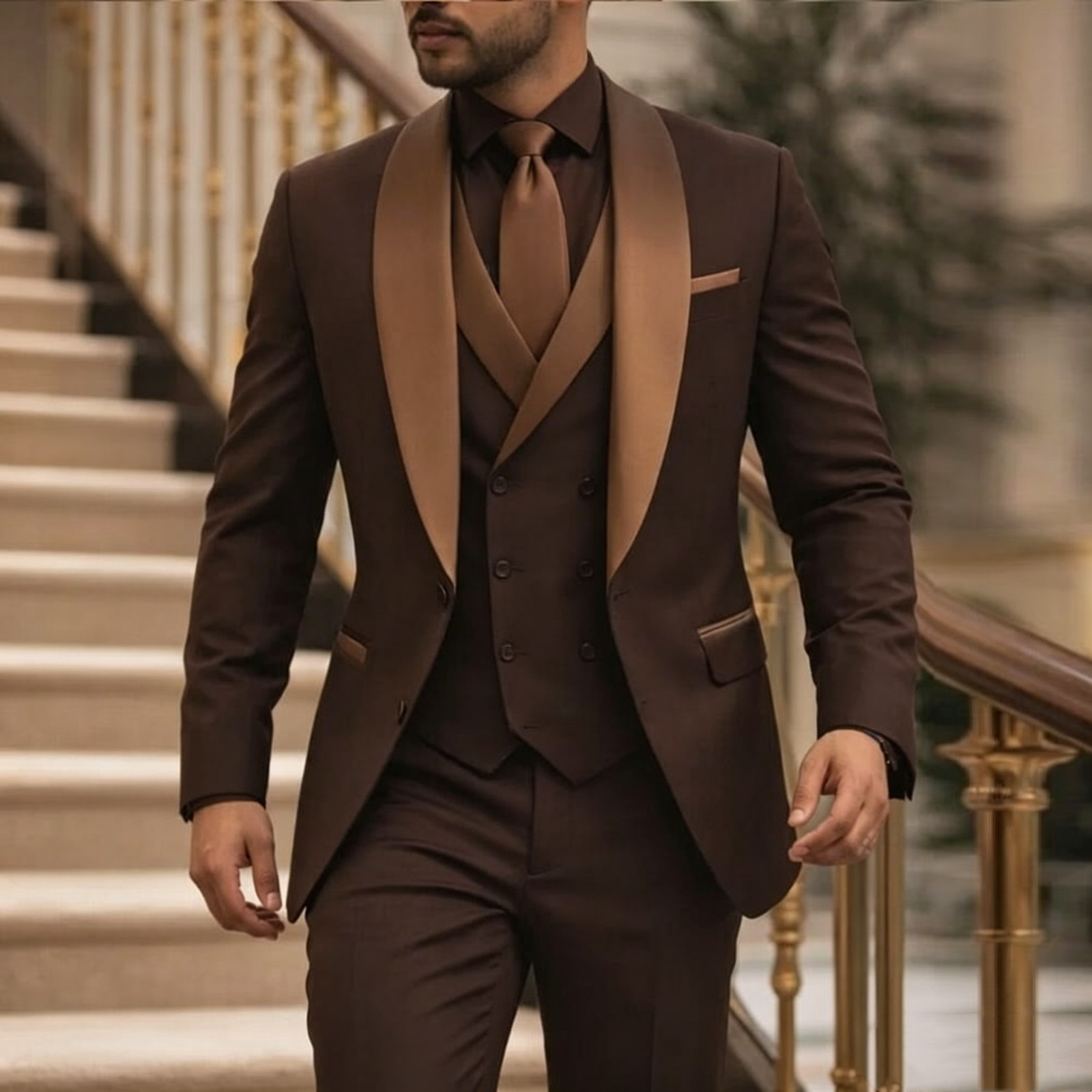 Tailored Brown Men Suits Shawl Lapel Banquet Bsuiness Prom 2Pcs Jacket Tuxedo