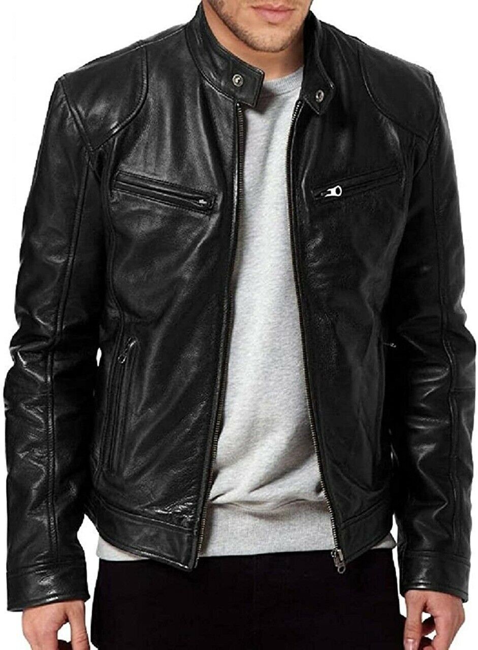 Leather Jacket Men Biker Jacket Motorcycle Soft Lambskin Jacket Slimfit Short