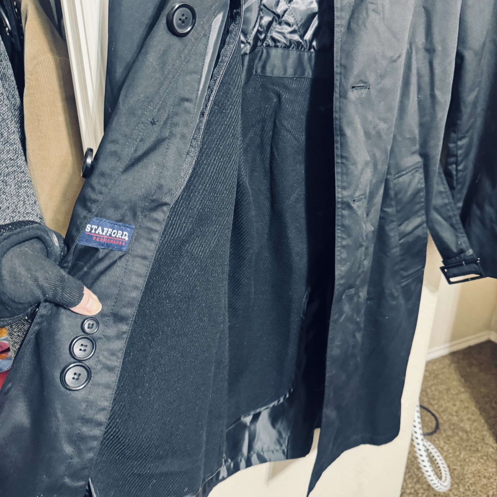 Black Stafford Trench Coat zip out quilted lining belted mens 38R classic