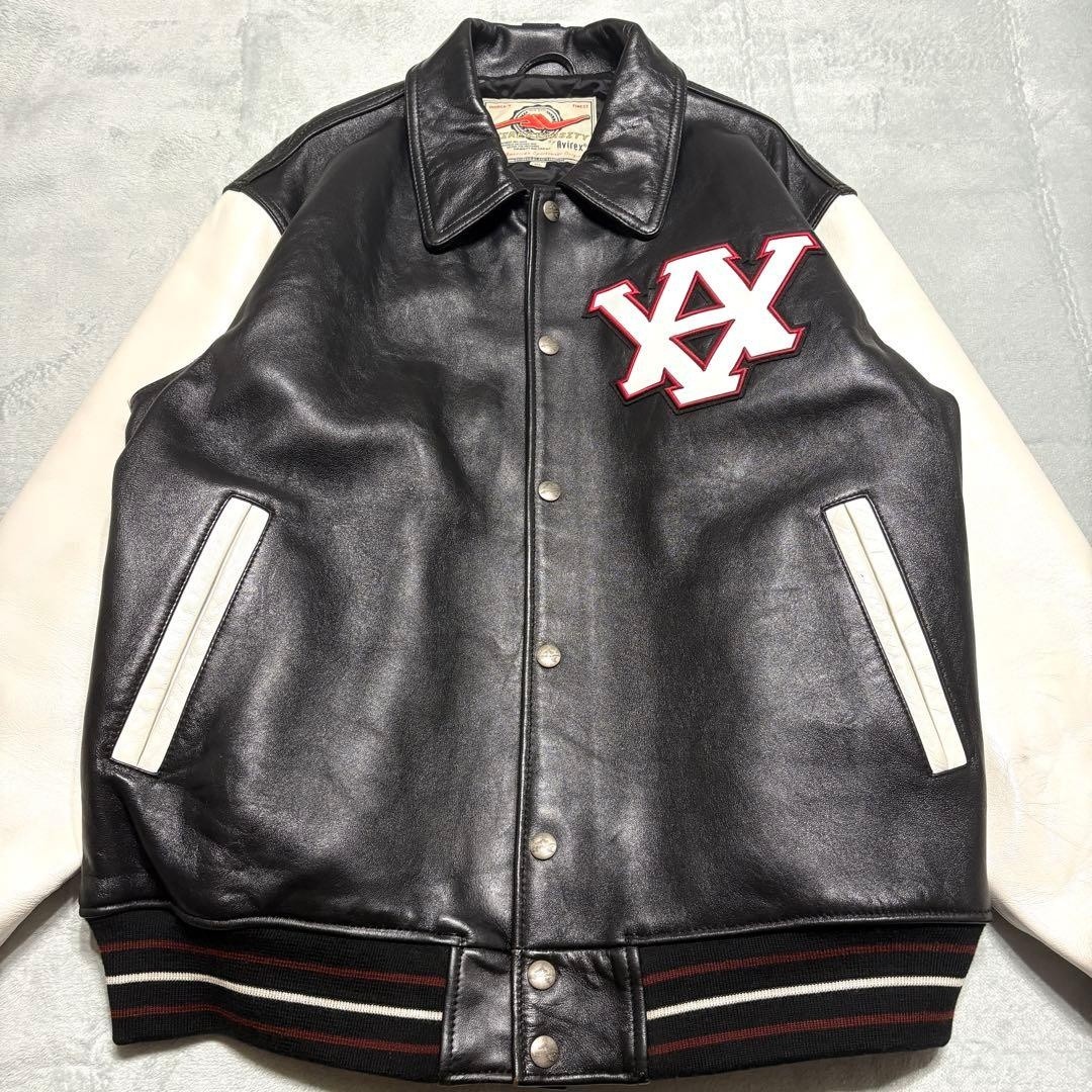 AVIREX XL Leather Varsity Jacket Black White Genuine Leather Cleaned F/S