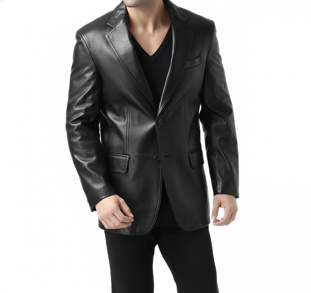 Men’s Genuine Black Lambskin Real Leather Blazer Two Button Slim Fit Coat Blazer