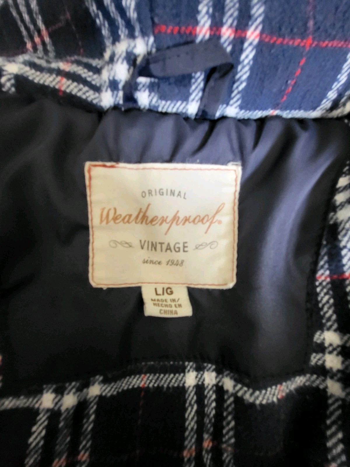 WEATHERPROOF VINTAGE Men Puffer Vest Large Navy Blue Plaid Fleece Hood Trim L