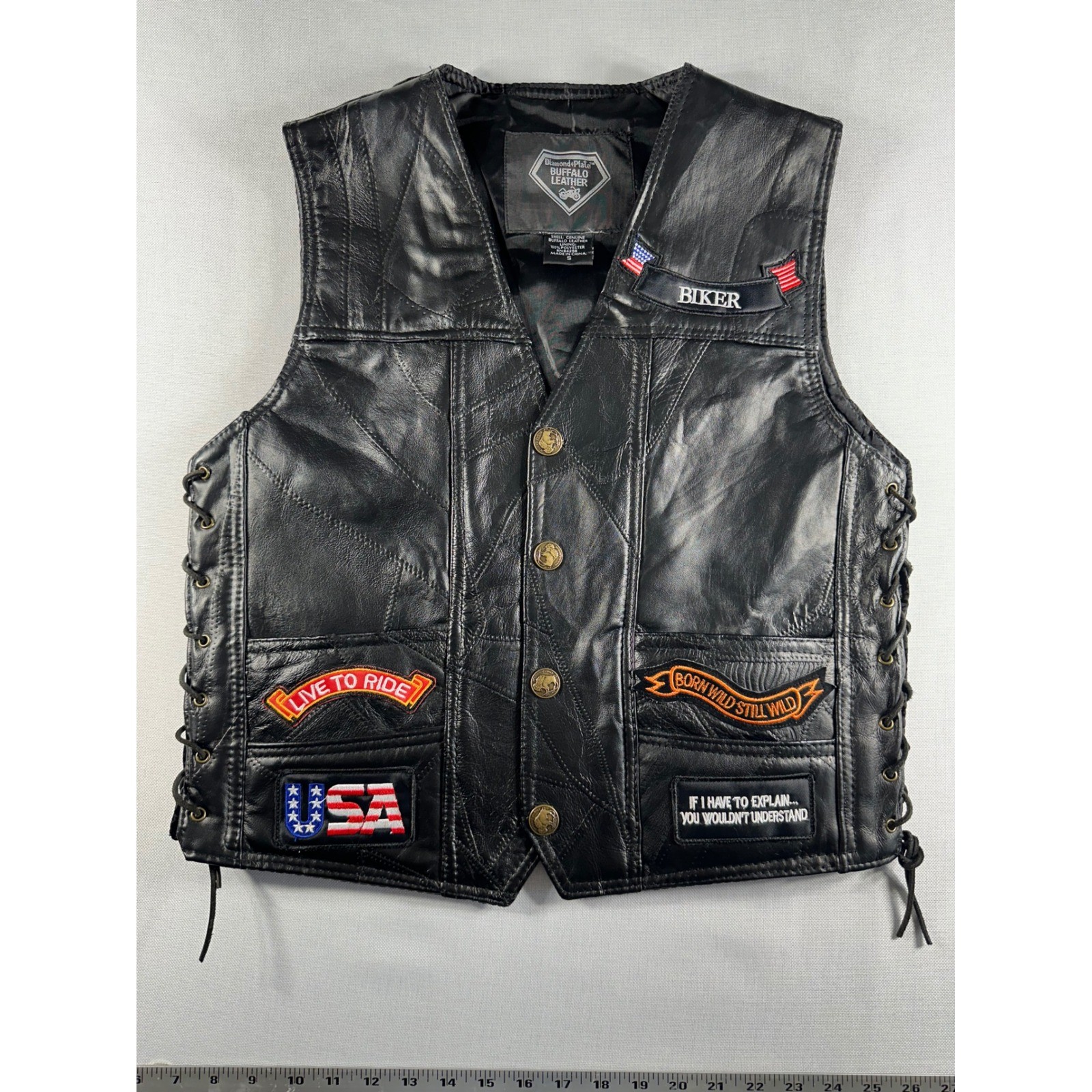 Diamond Plate Buffalo Leather Biker Vest Mens S Black Patches Lace Up Motorcycle