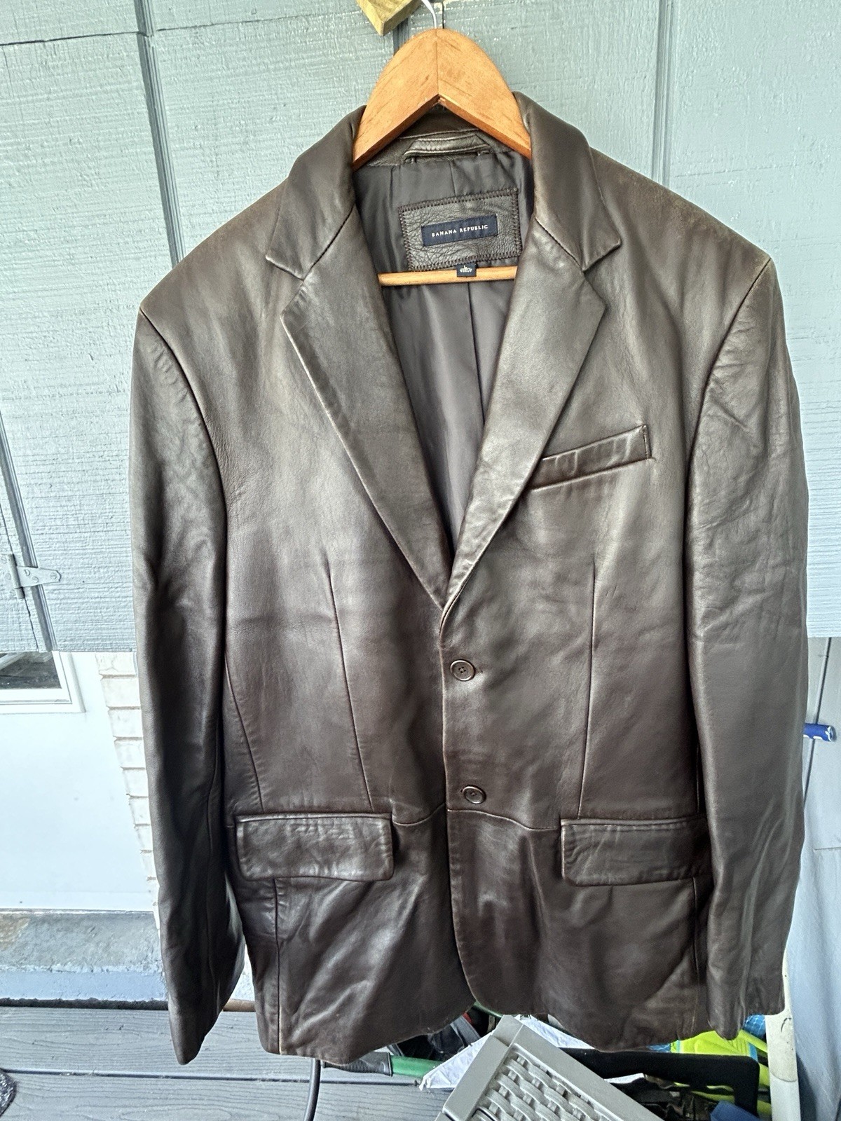 Banana Republic Leather Blazer Jacket Mens Large Brown Two Button