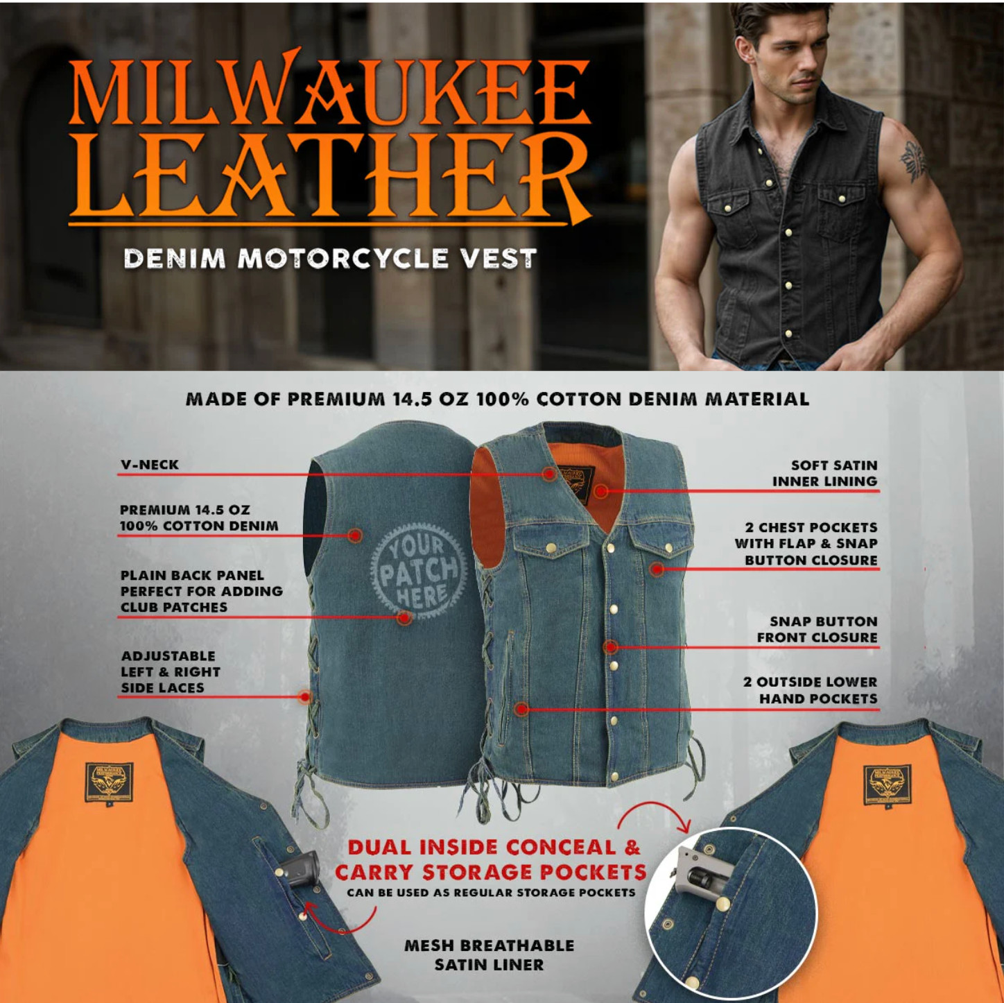Milwaukee Leather 1360 Men’s Denim Motorcycle Biker Riders Vest w/ Side Laces