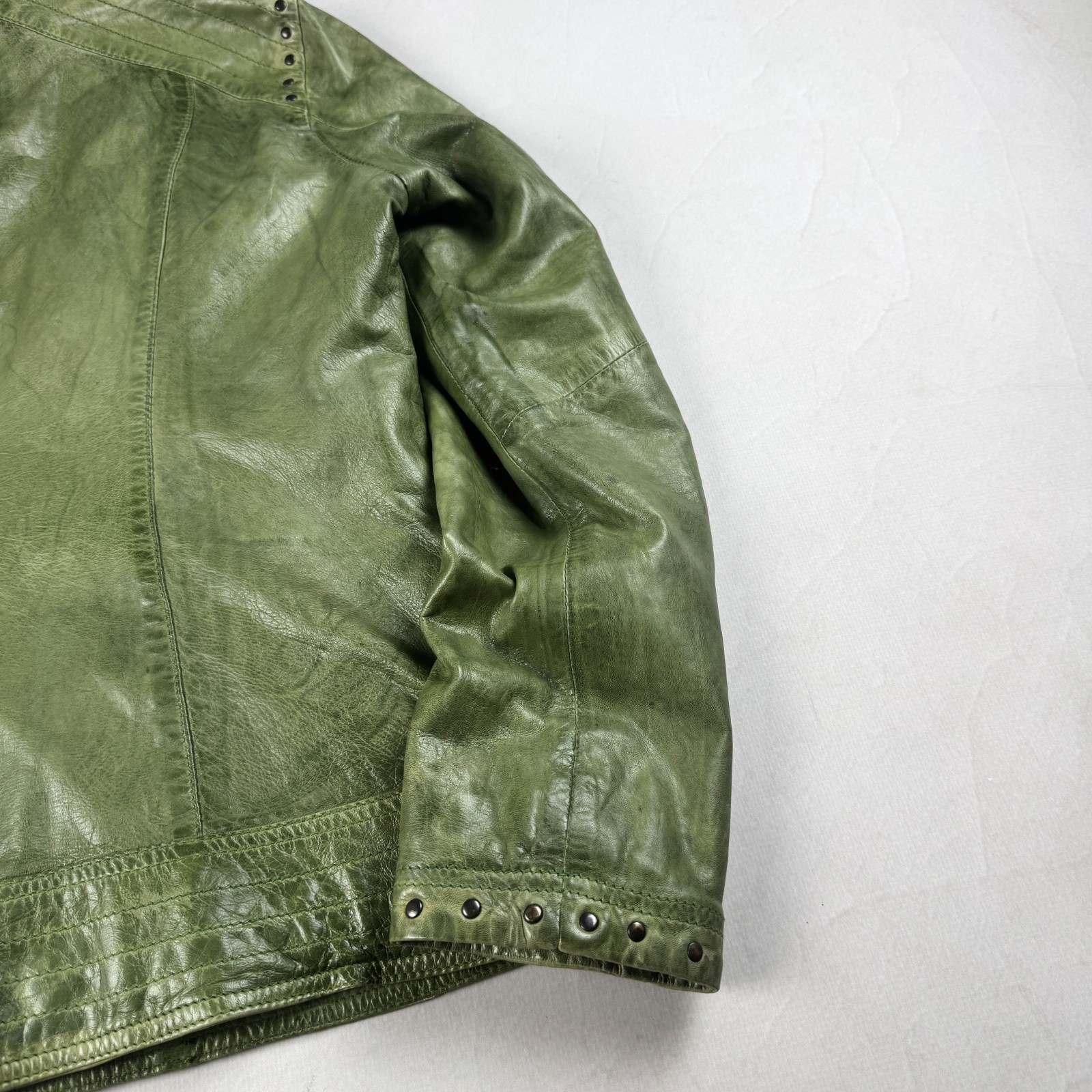 Mens Vintage Green Genuine Leather Moto Jacket Studded Collar Biker Y2K Grunge