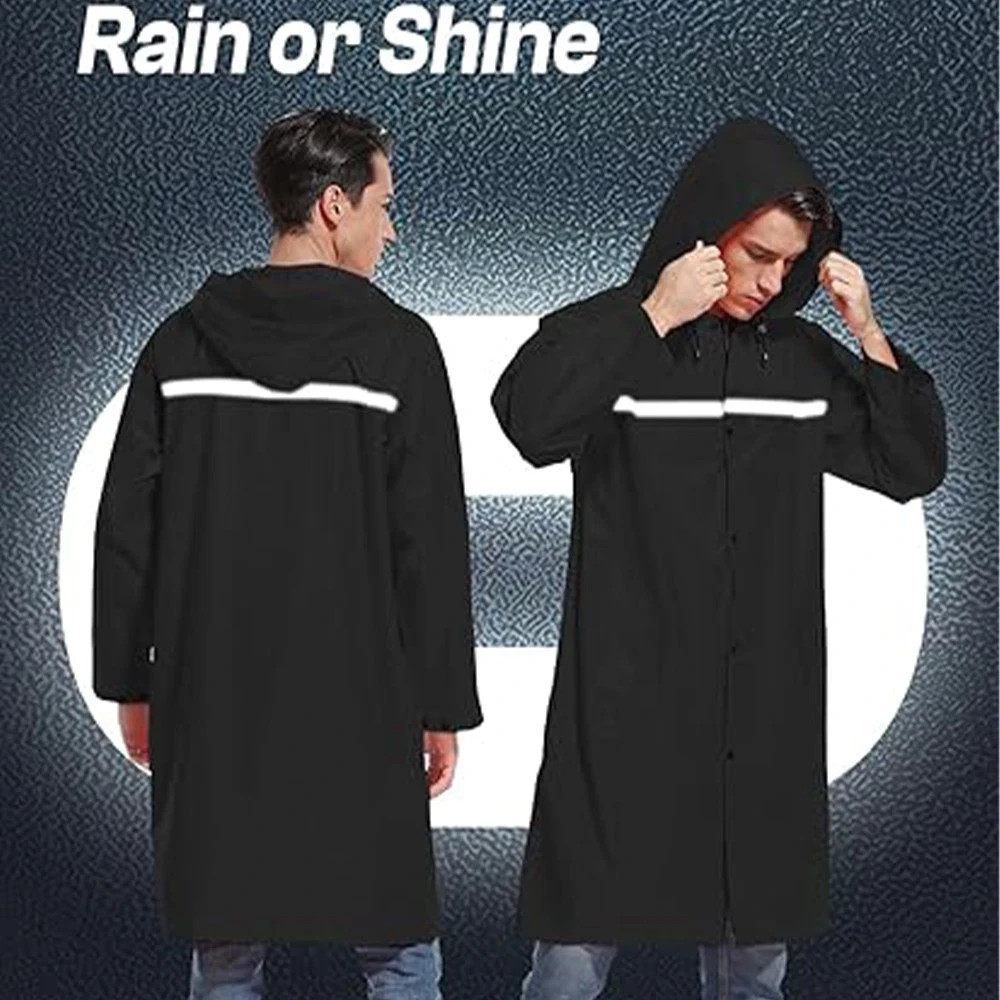 Men Black Waterproof Long Raincoat Hooded Trench Jacket Outdoor Hiking Rain Coat