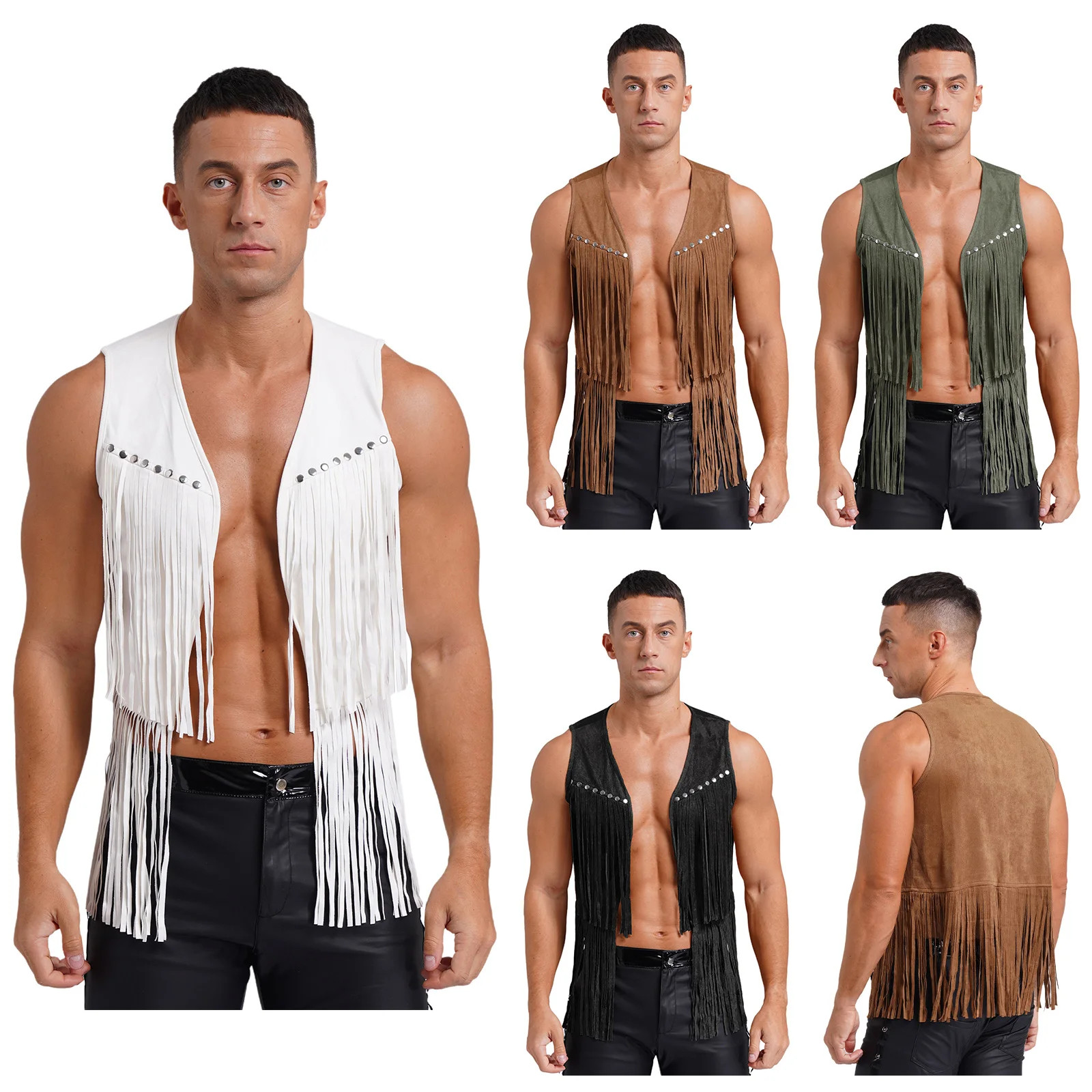 Mens Faux Suede Tassel Vest Western Cowboy Vest Fashion Rivets Fringe Waistcoat