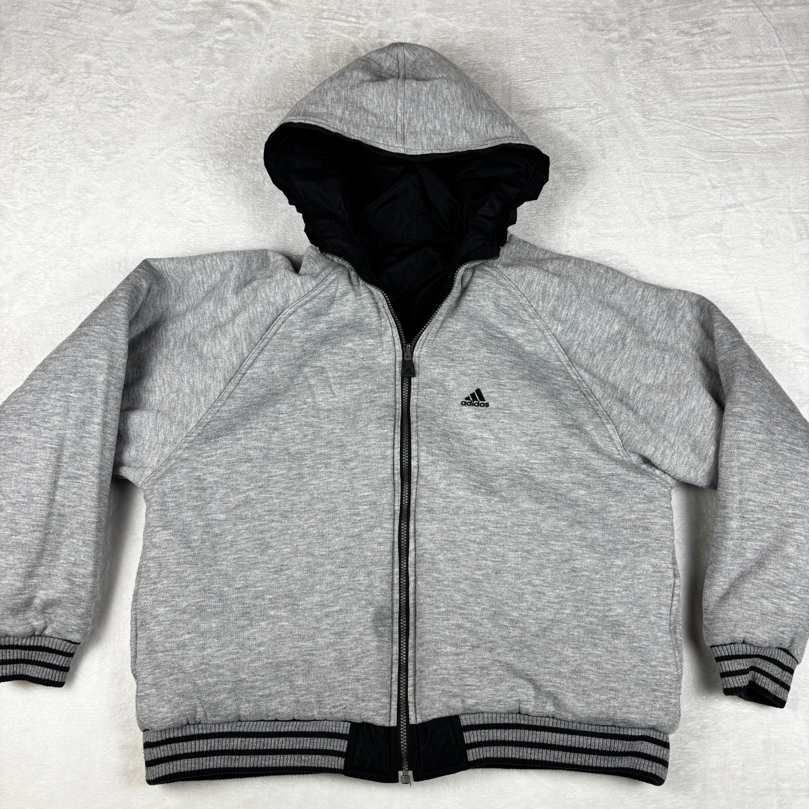 Vintage Y2K Adidas Reversible Jacket Mens L Black Gray Hoodie Full Zip Puffy