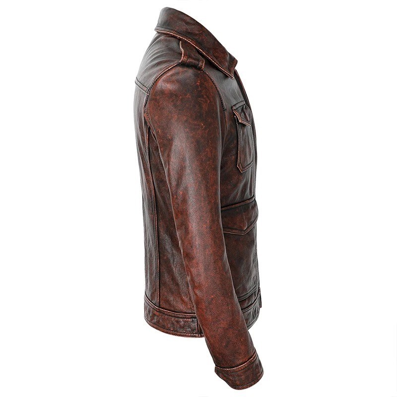 Men’s Brown Leather Jacket Distressed Motorcycle Biker Casual Zip Coat