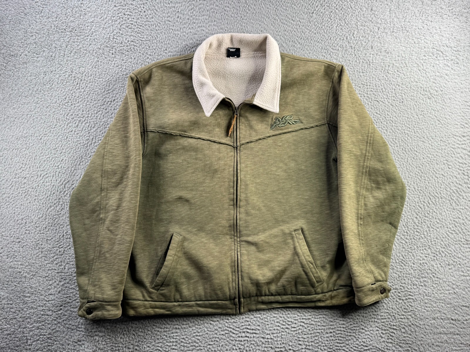 Vintage No Fear Jacket Mens 2XL Green Full Zip Fleece Sweat Y2K Collared