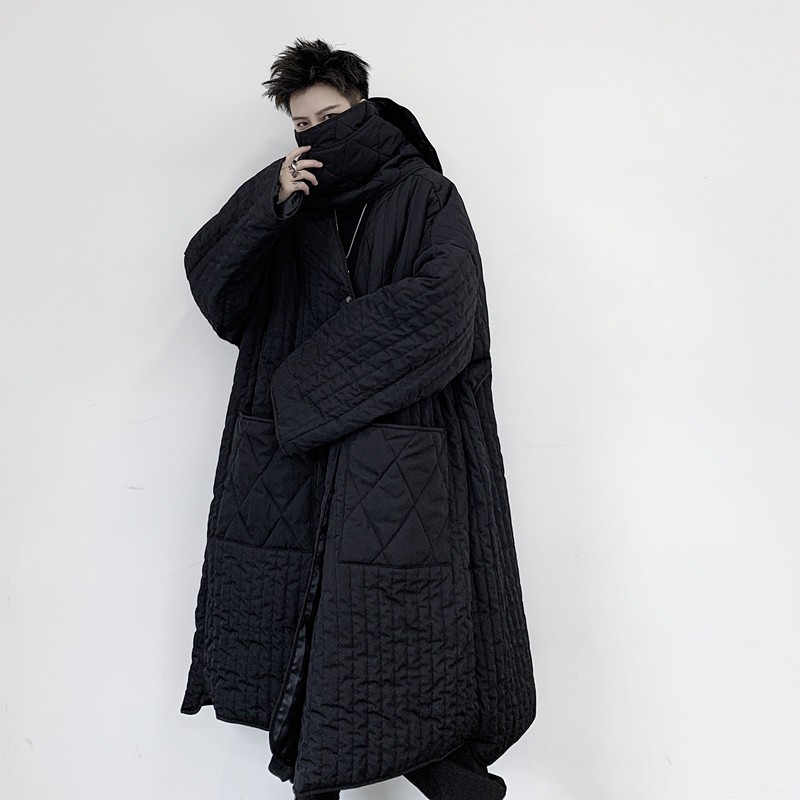 Dark Loose Men’s Mid Length Winter Cotton Jacket Windbreaker with Scarf Coat