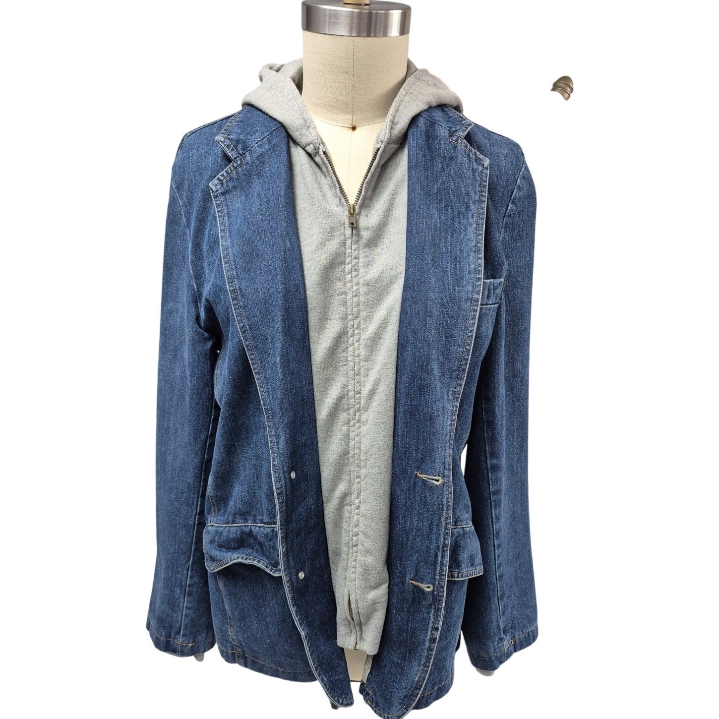 VTG Castro Vintage 100% Cotton Gray Hoodie/Blue Denim Jacket 1 Piece Sz L Unisex