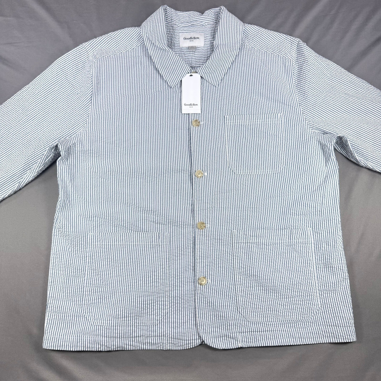 Goodfellow Mens XL Blue White Seersucker Cotton Chore Jacket Stripe Button Coat