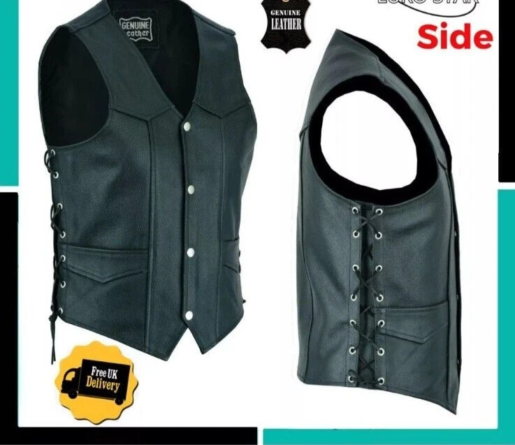 Mens Genuine Leather 10 Pockets Style Motorcycle Biker Vest Laces