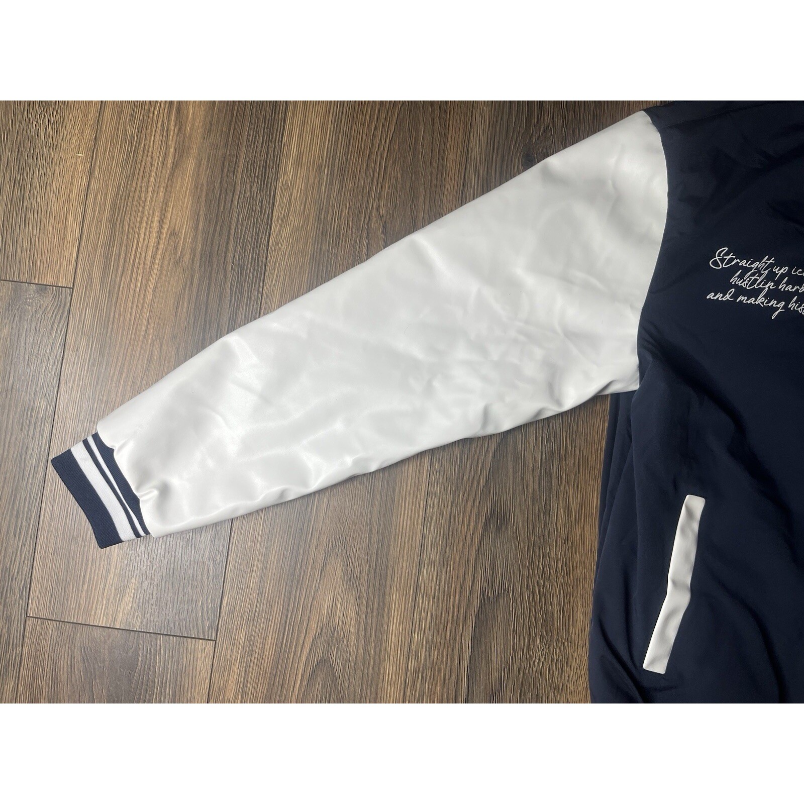 Seven Souls Varsity Jacket Mens L Navy White Bomber Streetwear Graphic Bear