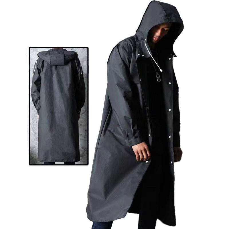 Men Black Waterproof Long Raincoat Rain Coat Hooded Trench Jacket Outdoor Hiking