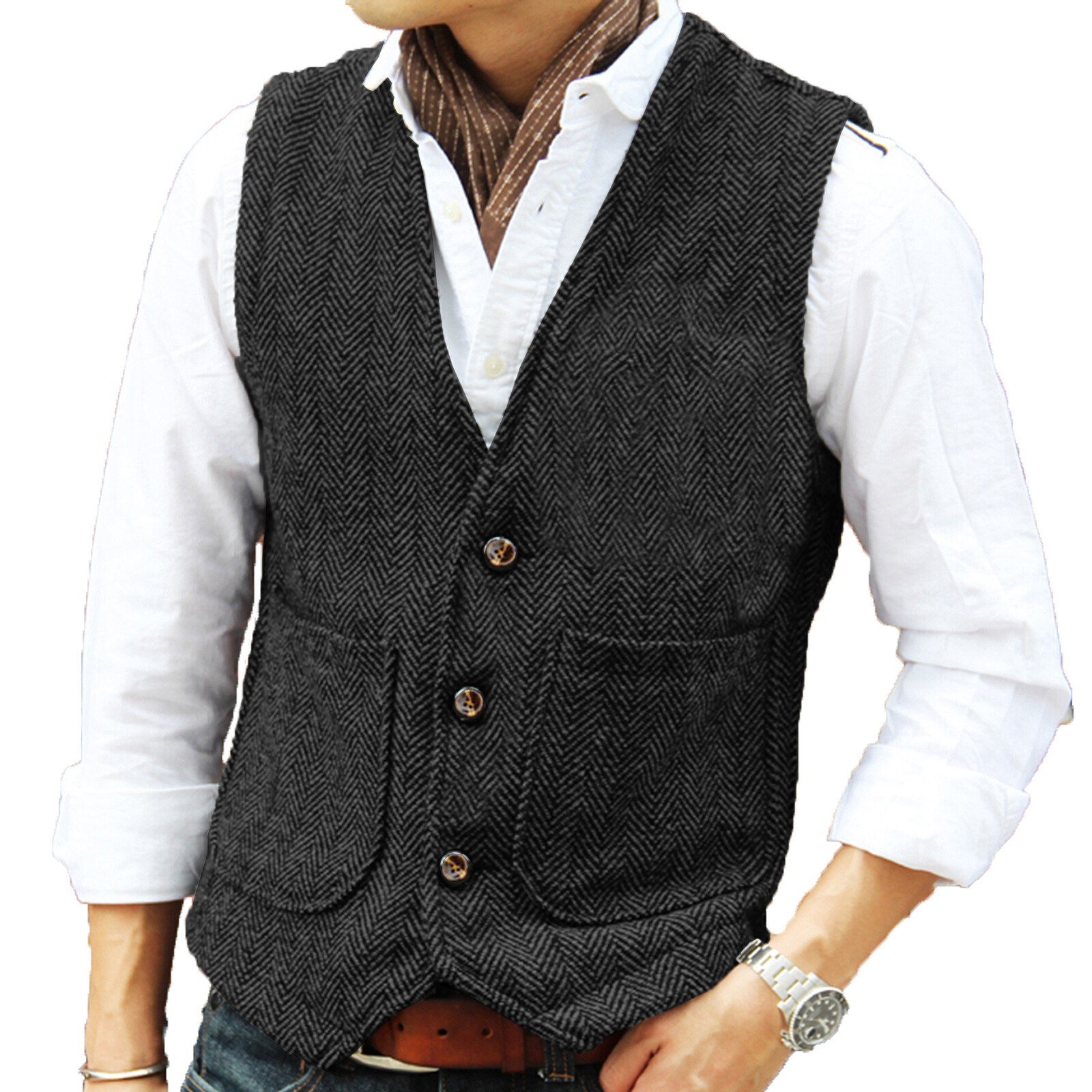 Hunting Classic Men Vintage Tweed Vest Herringbone Waistcoats Wedding Retro Wool