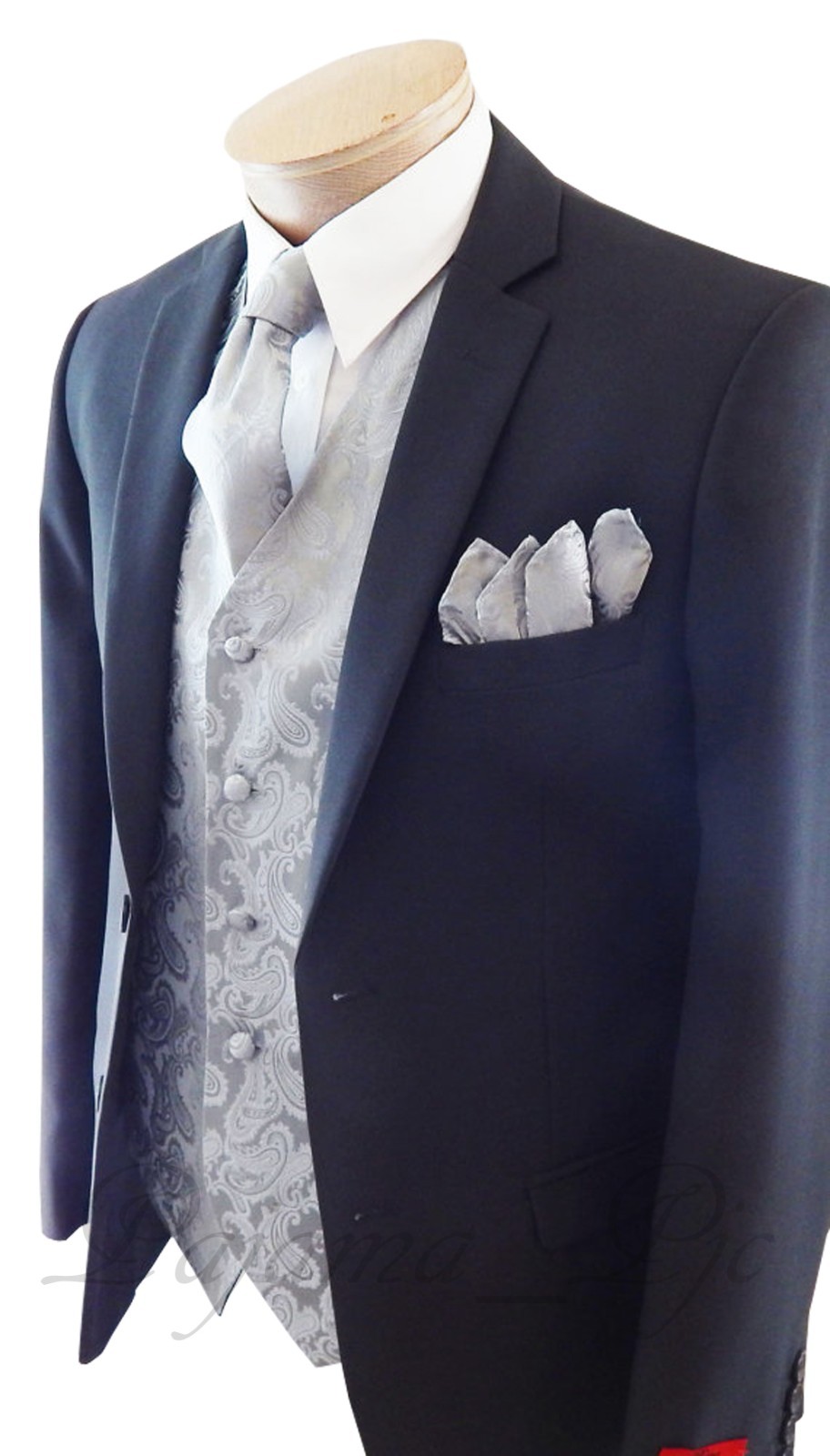 SILVER XS to 6XL Paisley Dress Vest Waistcoat & Neck tie Hanky for Tuxedo Suit