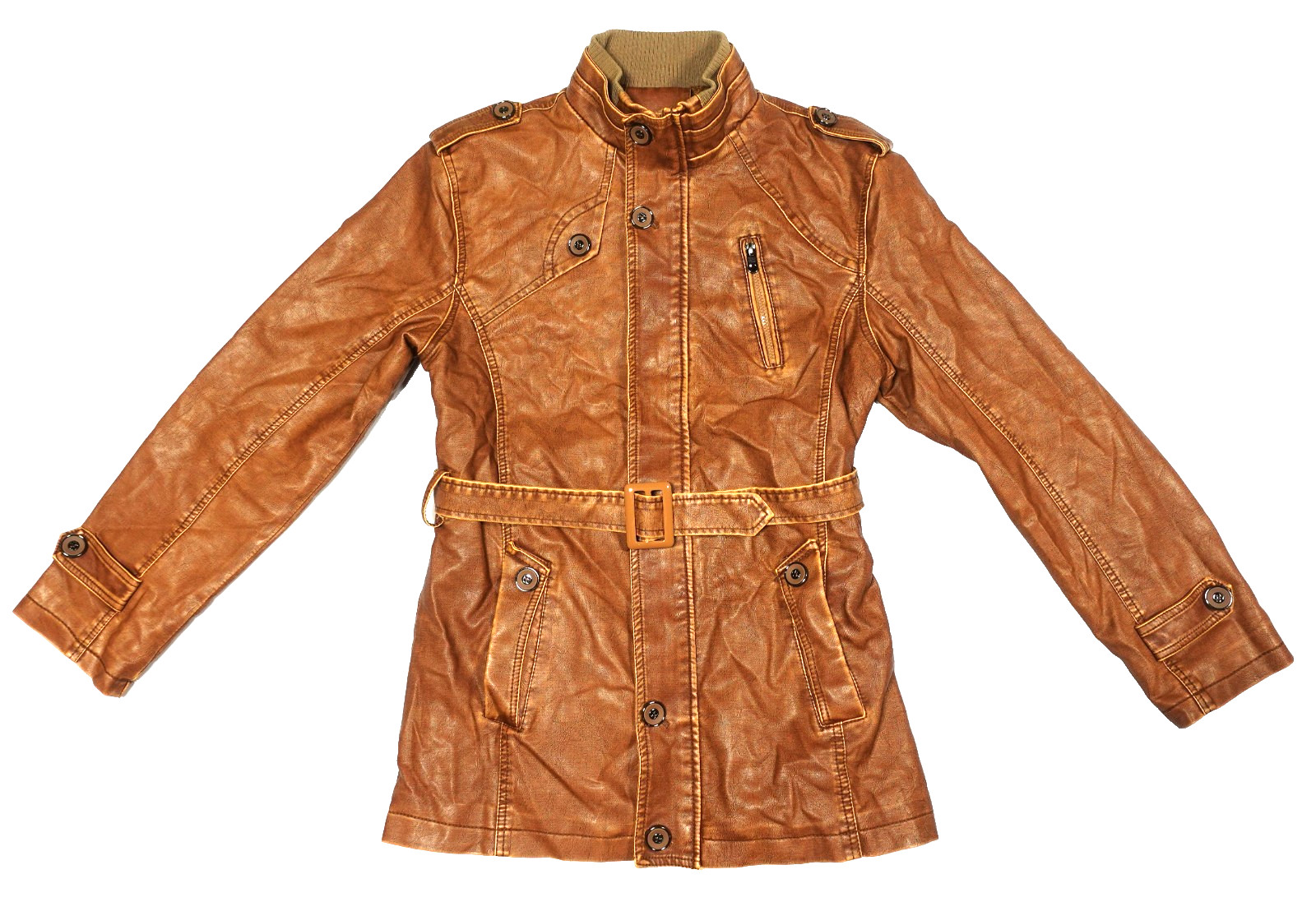 Belted Cognac Faux Leather Quarter-Length Jacket XL
