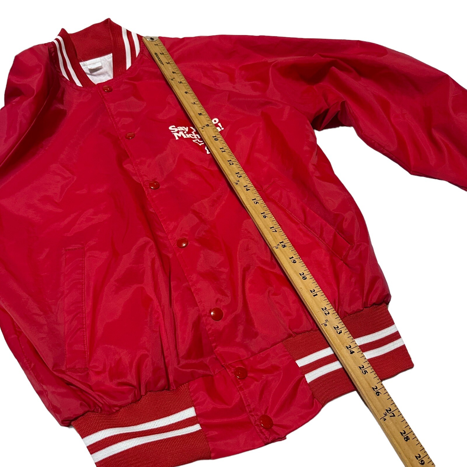 Say Yes To Michigan Vintage M Nylon Snap Button Red Bomber Jacket Windbreaker