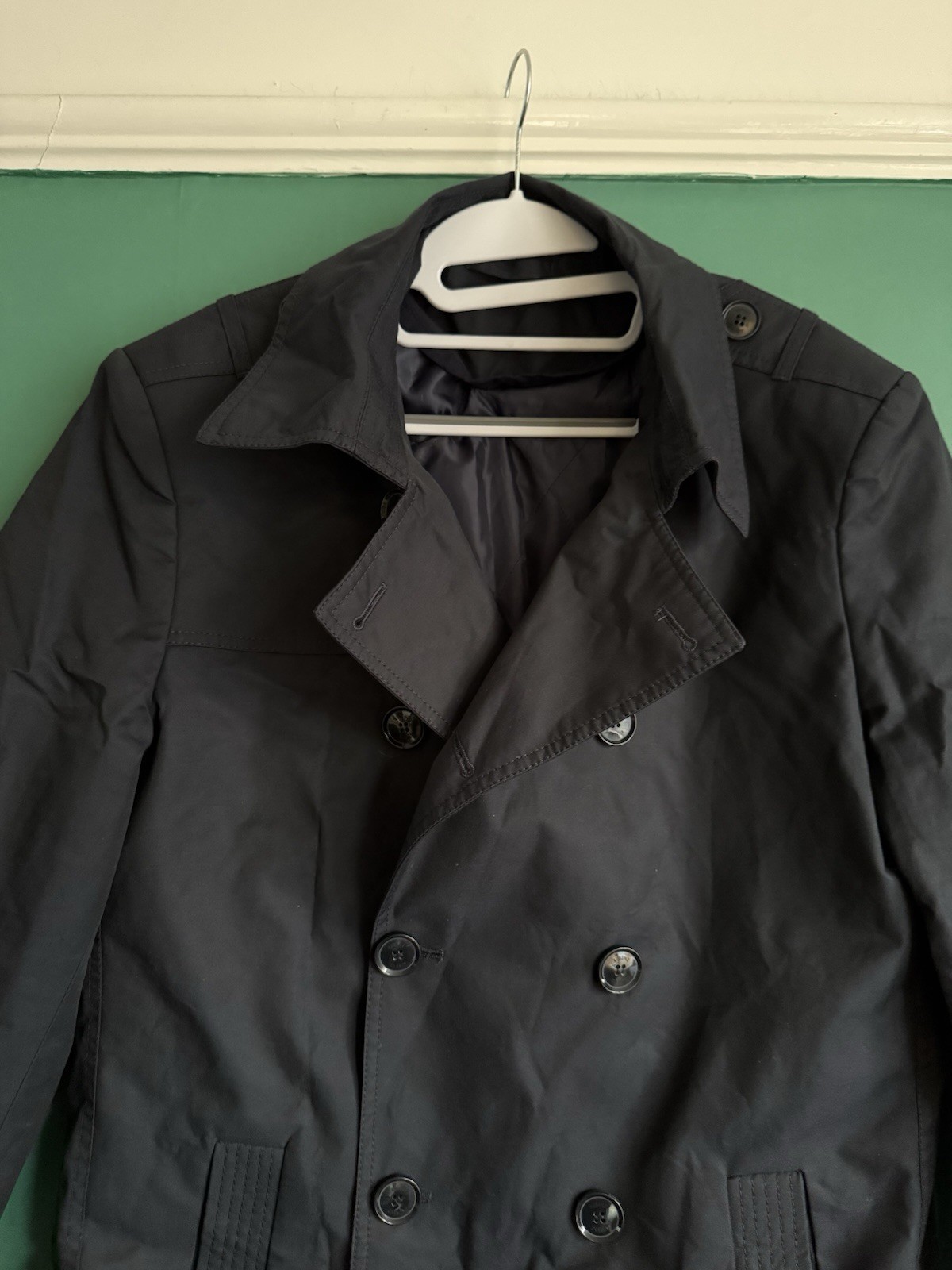 Kubenz Double Breasted Short Trench Coat Mens Black Small/Medium 10138