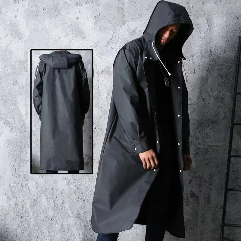 Men Black Waterproof Long Raincoat Rain Coat Hooded Trench Jacket Outdoor Hiking