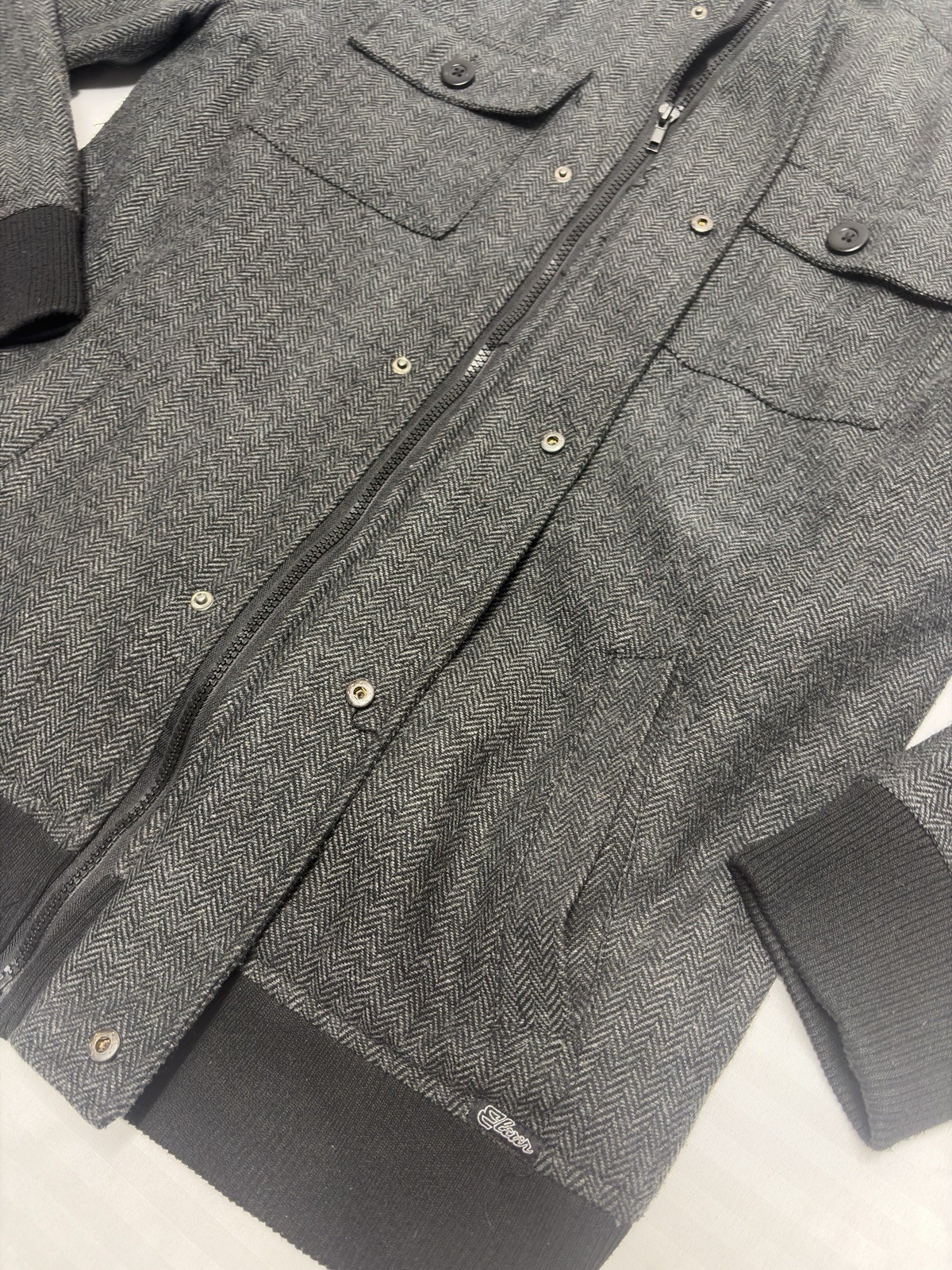 Y2k Elixir Jacket XL Gray tweed full Zip Button Insulated Lining pockets Aviator