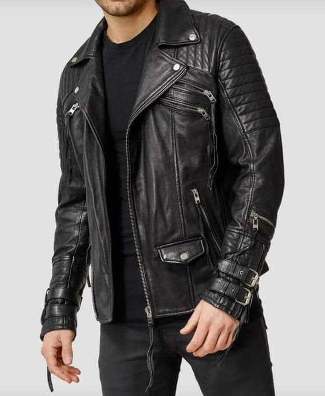Men Black Biker Belted Leather Jacket, Men Multi Pockets Leather Jacket