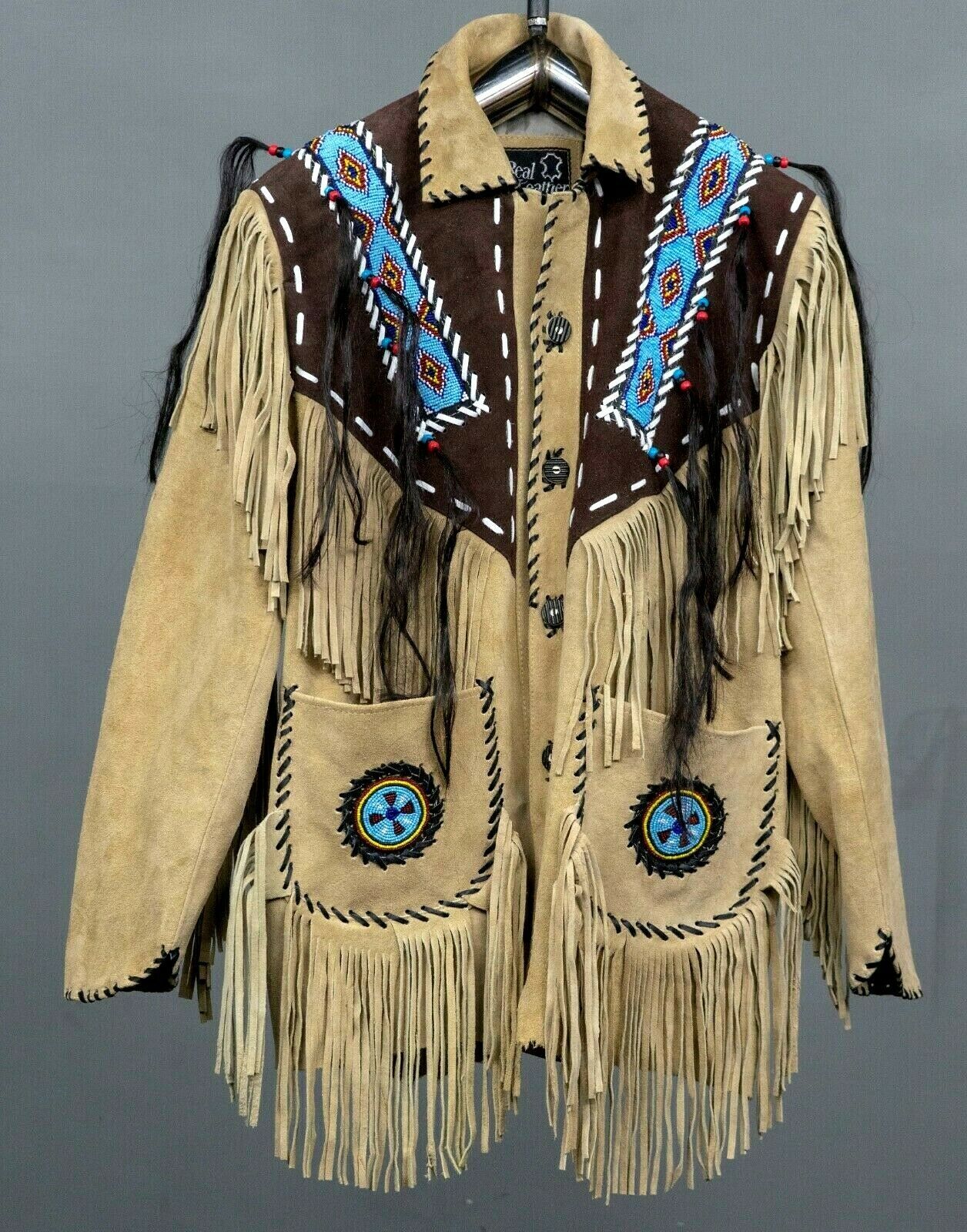 Men Western Cowboy Suede Fringe Jacket Beaded Native American Leather Jacket