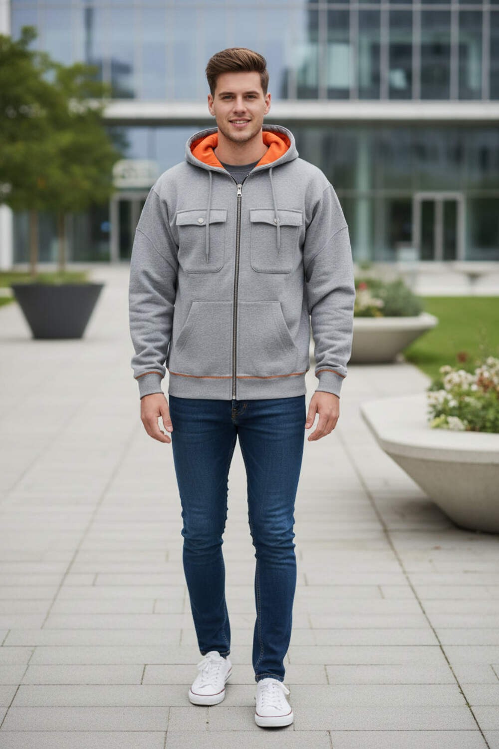 Retro Workware Hooded Sweatshirt Men’s Zipper Solid-Color Warm Sports