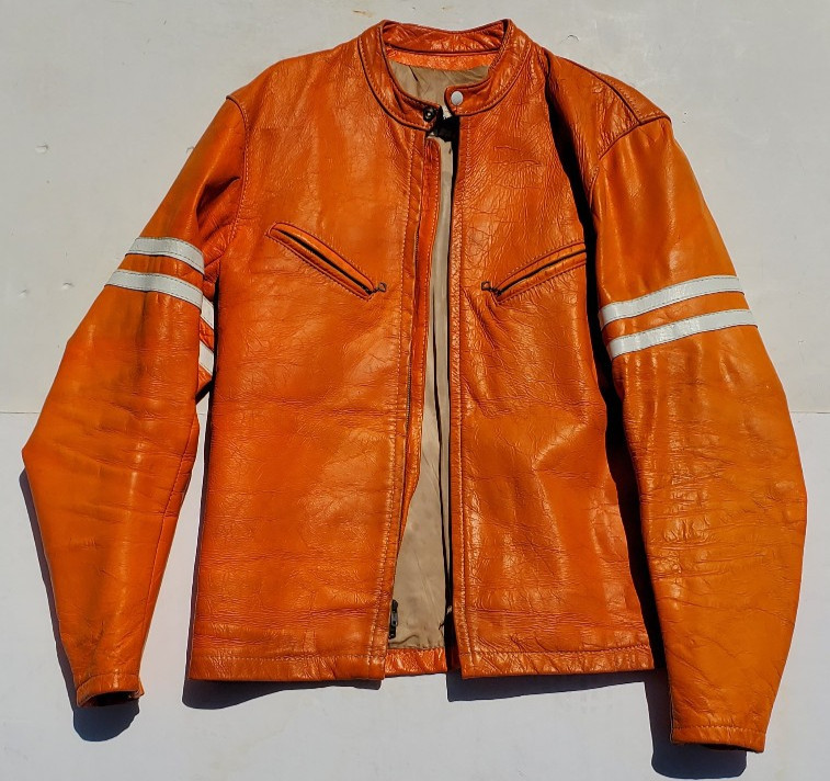 Vtg Bates Leather Motorcycle Racing Jacket Harley Orange w Stripes 1960’s L Cafe