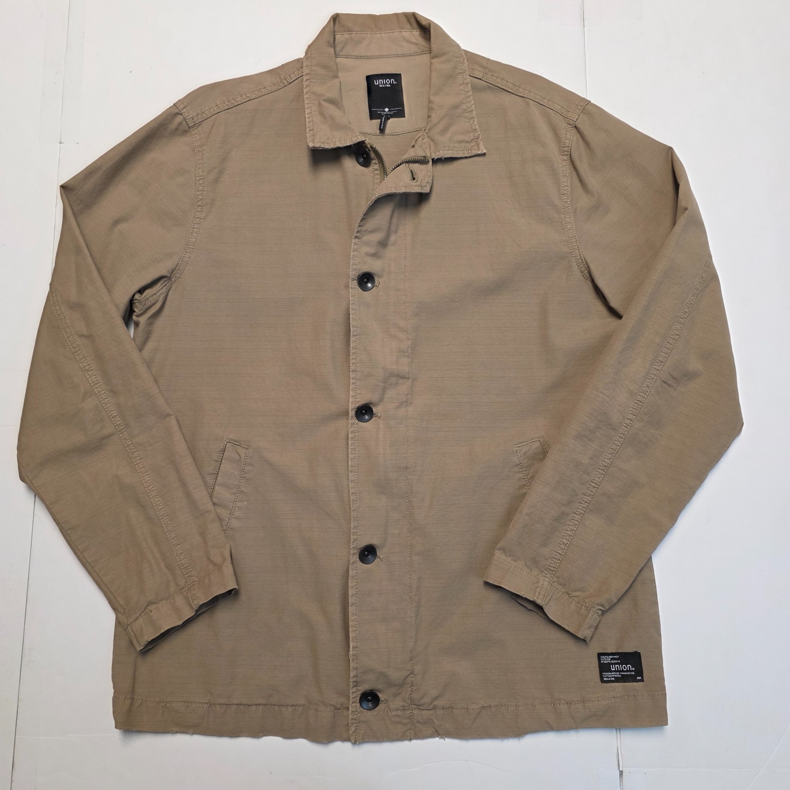 UNION SEA/WA Button Front Zip Cotton SHACKET Shirt Jacket Men’s LARGE L Beige