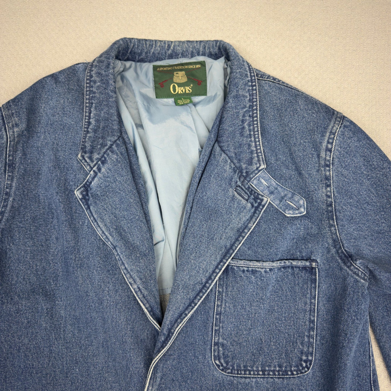 Vtg Orvis Denim Chore Coat Mens Large Two Button Blazer Western Retro Jacket