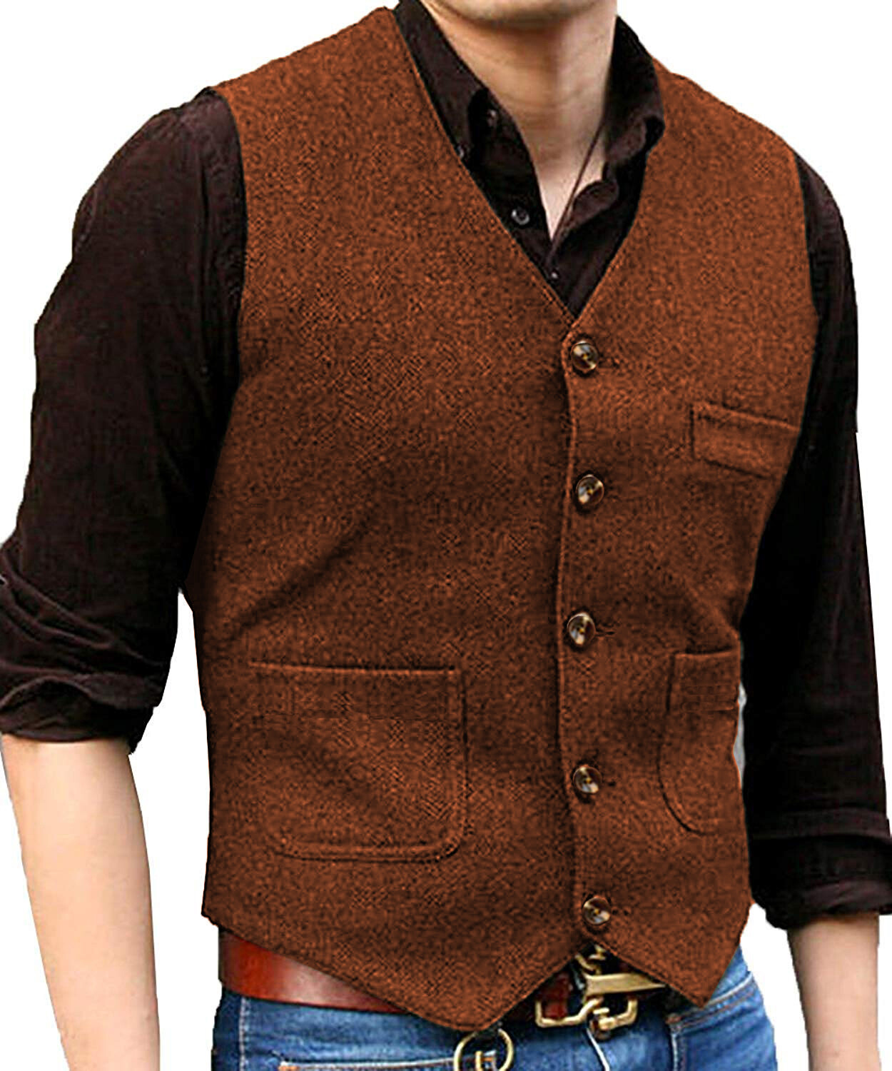 Men Suit Herringbone Waistcoat Tweed Vest Wedding Vintage Wool Groomsman Hunting