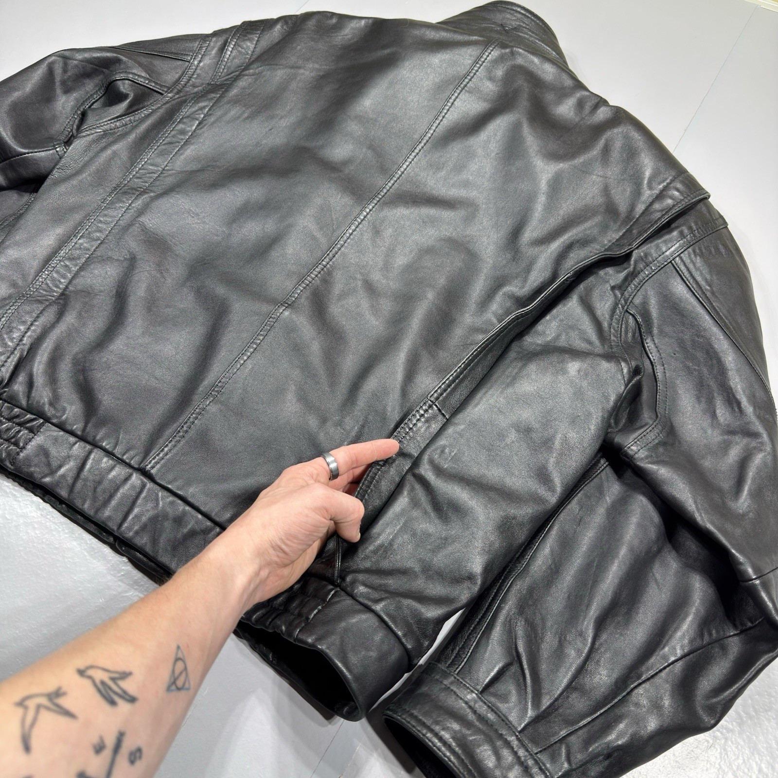 VTG LP Uomo Black Leather Flight Bomber Jacket Mens Large 3M Thinsulate Liner