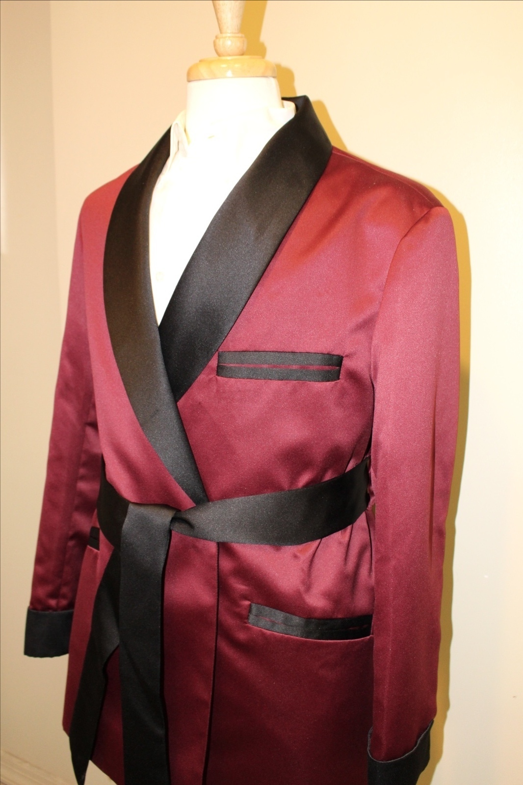 Mens Smoking Jacket- Burgundy / Black Satin -Fully Lined